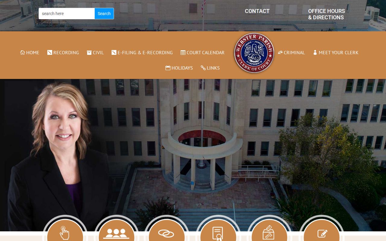 Webster Parish Clerk of Court home page showing criminal records contact for warrant records
