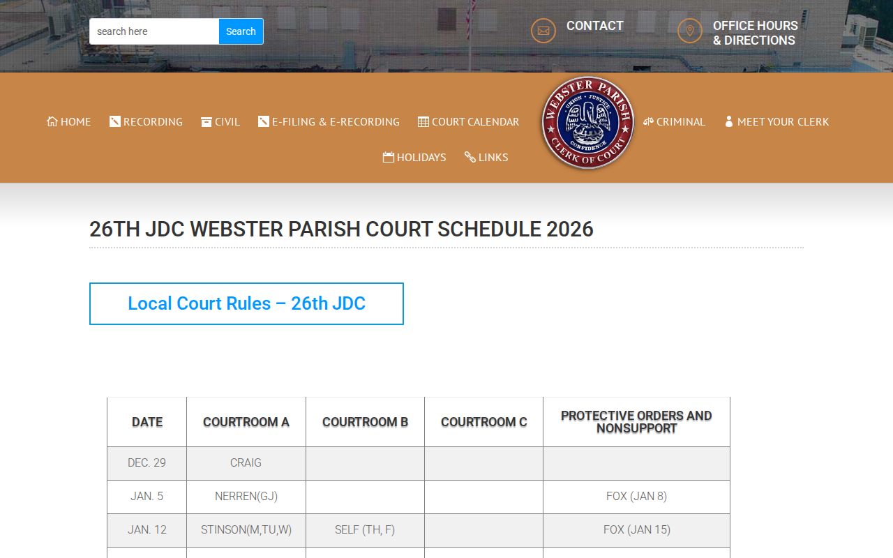 Webster Parish Clerk court calendar showing division settings for bench warrant cases