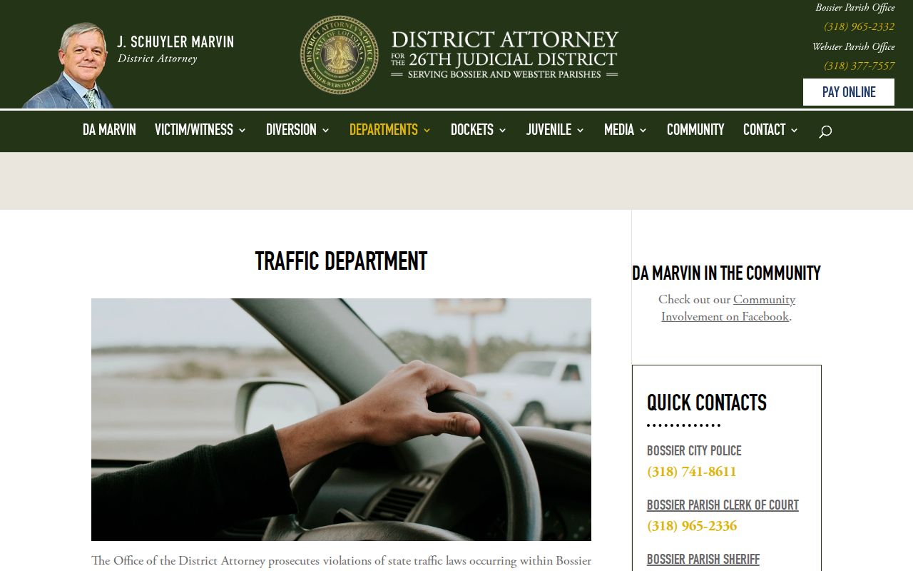 Webster Parish traffic division page showing where local tickets are paid and prosecuted