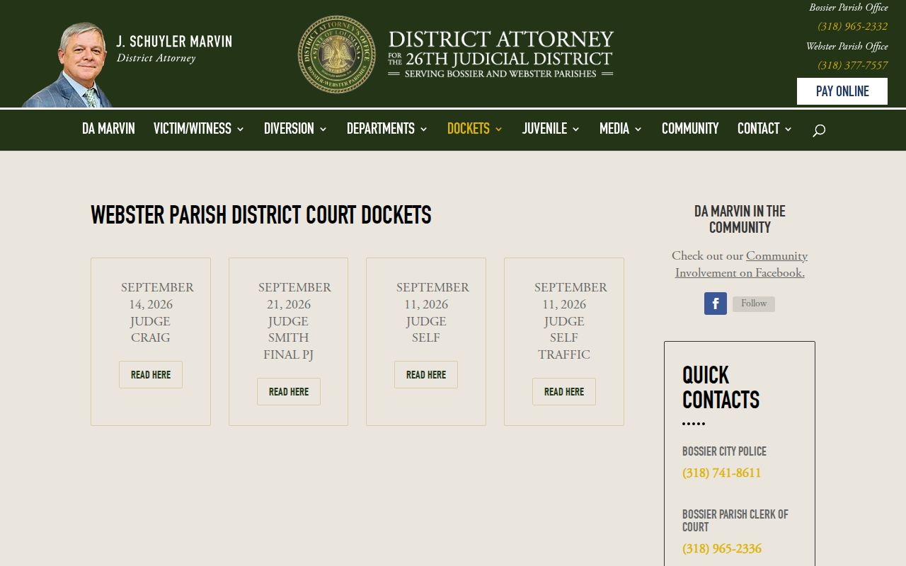 Webster Parish district docket index used to trace warrant case numbers