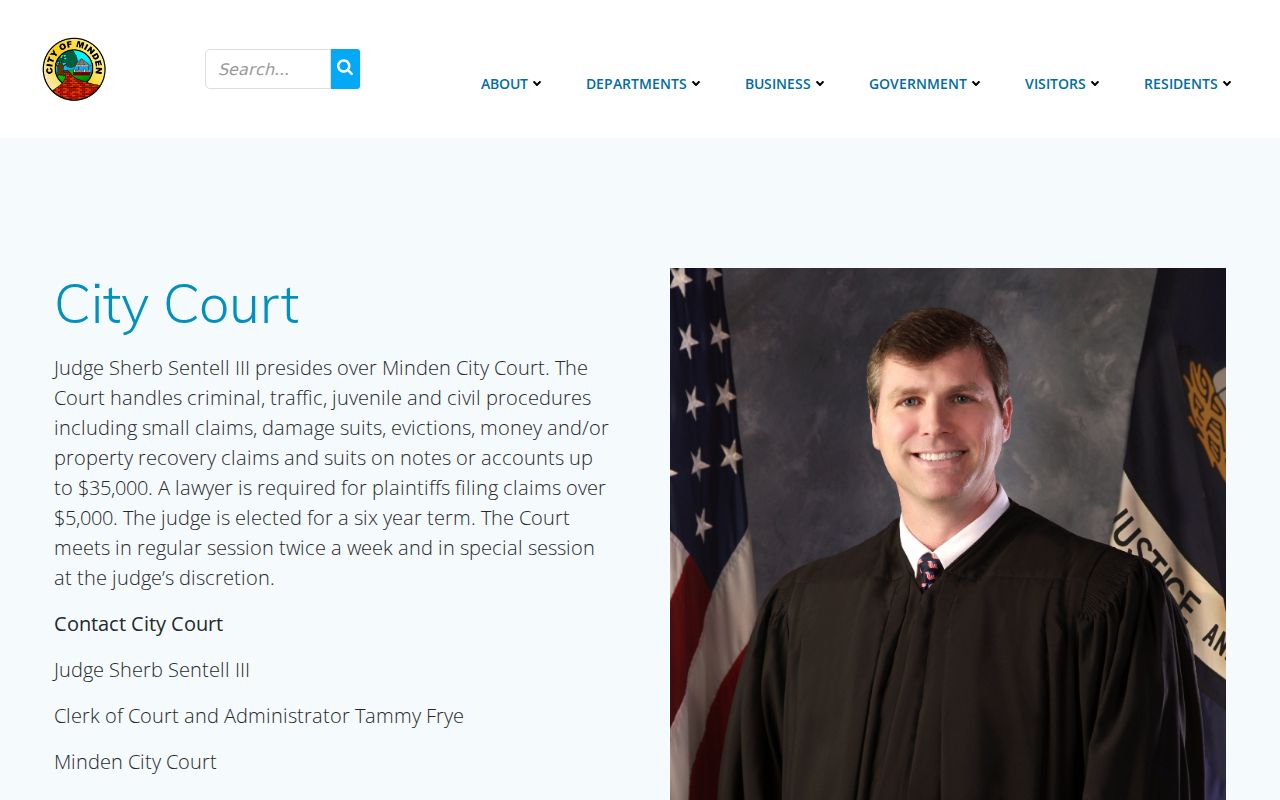 Minden City Court contact page for Webster Parish municipal warrant records