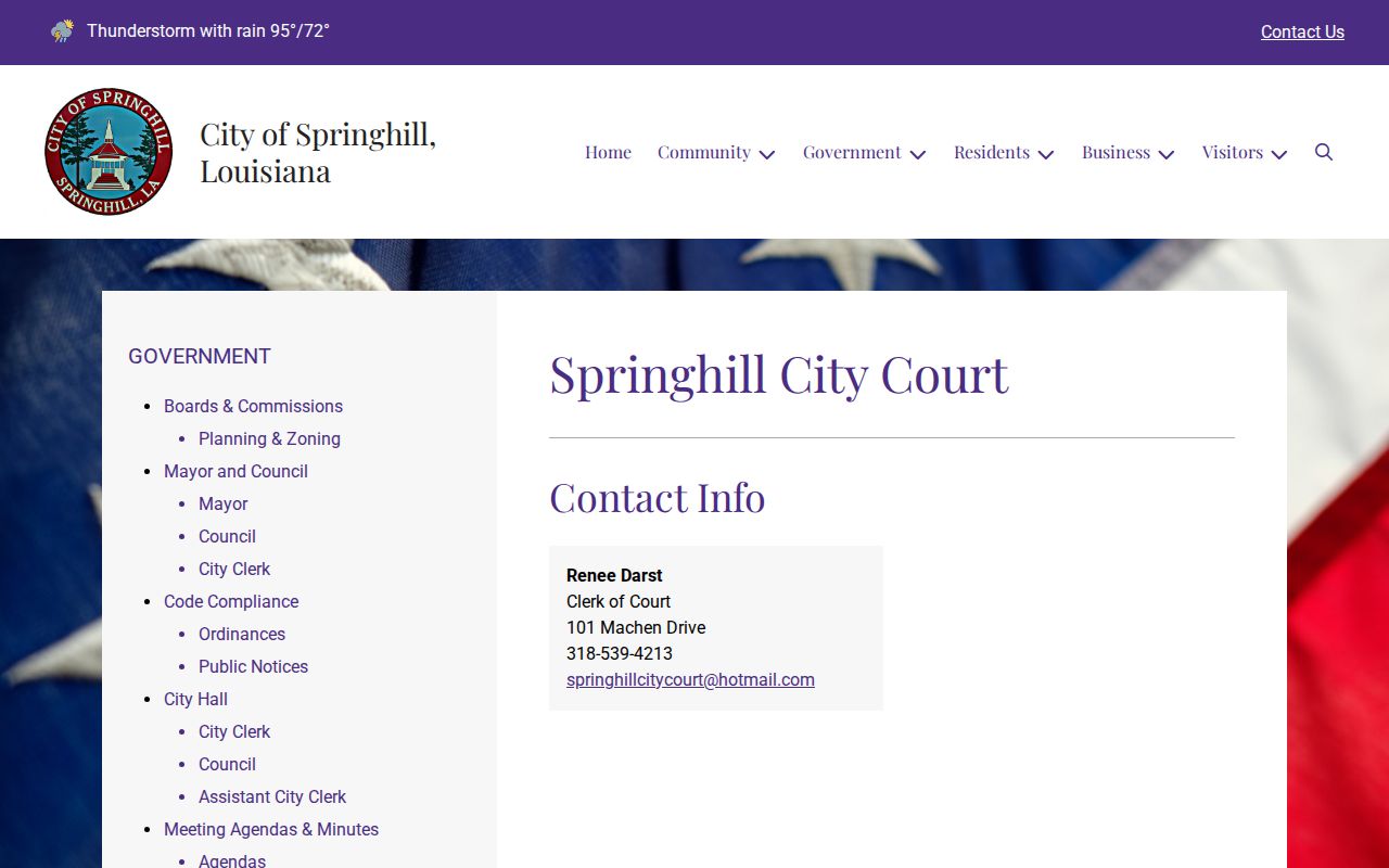 Springhill City Court clerk contact for Webster Parish municipal warrant questions