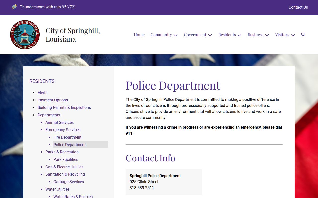 Springhill Police Department contact page for Springhill warrant records questions