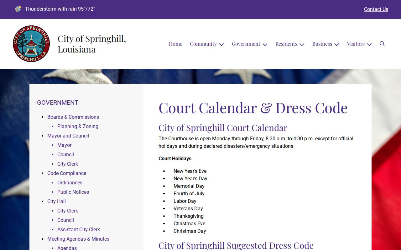 Springhill City Court hours and dress code for Webster Parish municipal warrant appearances