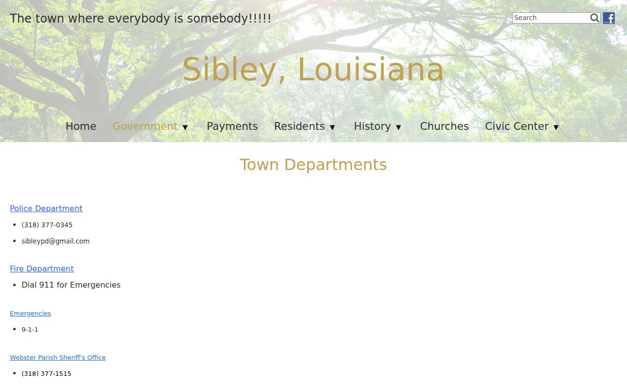 Sibley town departments page with municipal office and police contact information