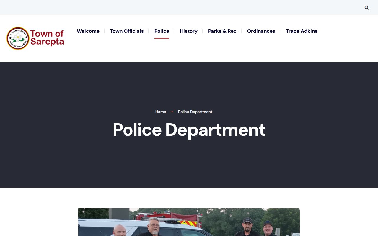 Sarepta Police Department page showing the sheriff dispatch fallback for warrant questions