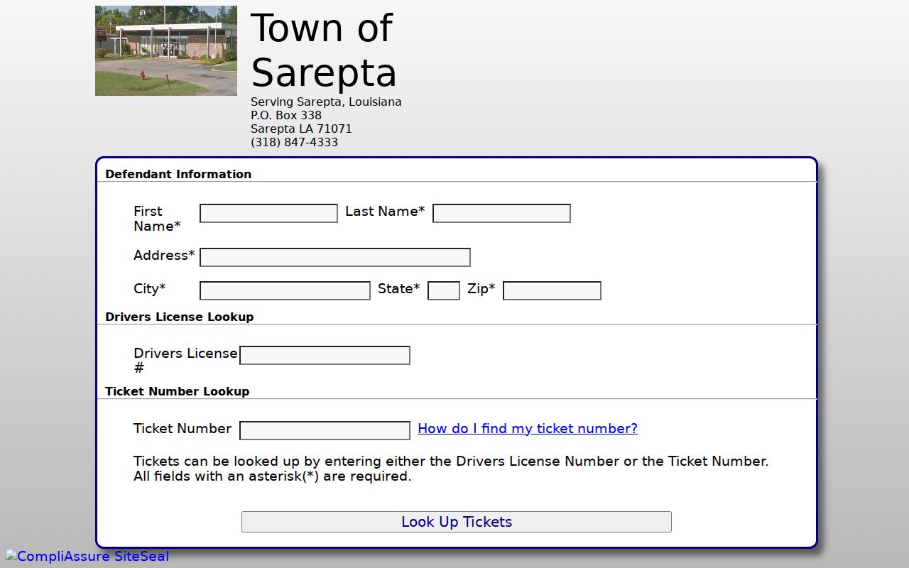 Sarepta QuickCourt ticket lookup form with required name and address fields