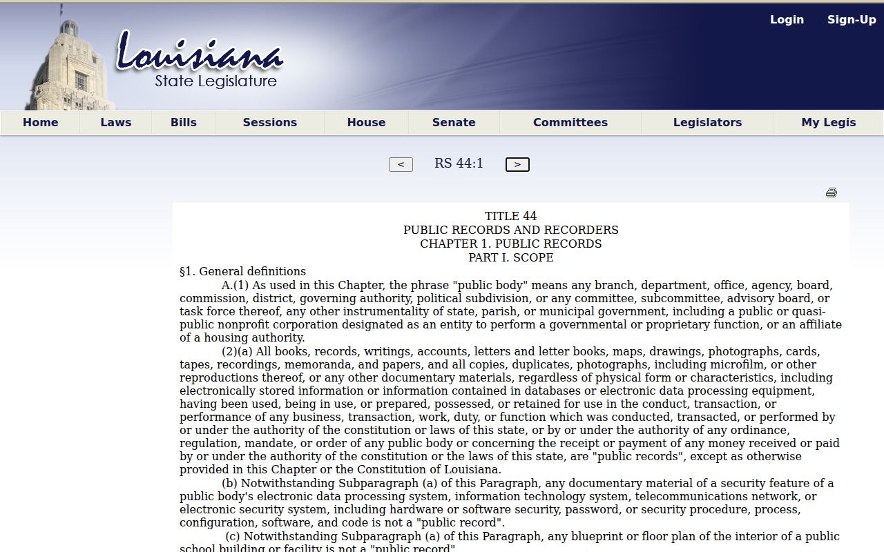 Louisiana public records statute page used for Webster Parish active warrant access