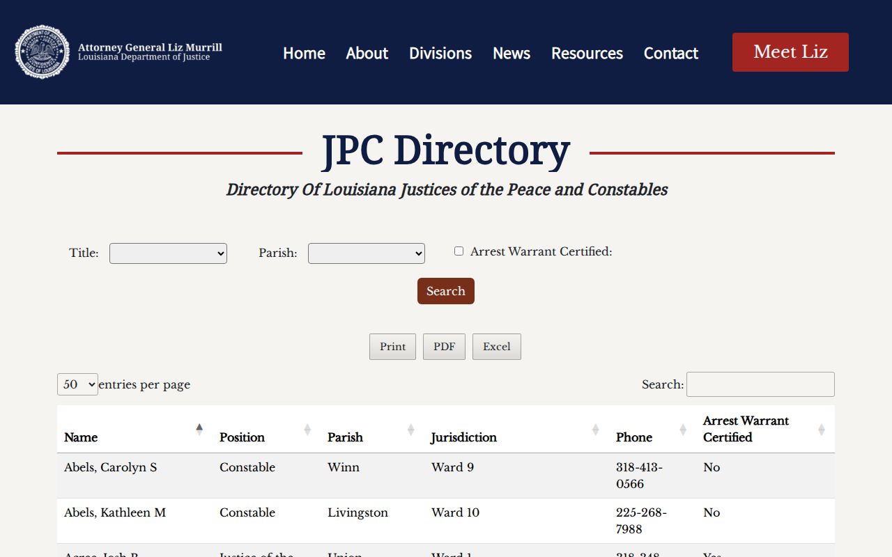 State justice of the peace and constable directory for Webster Parish warrant searches