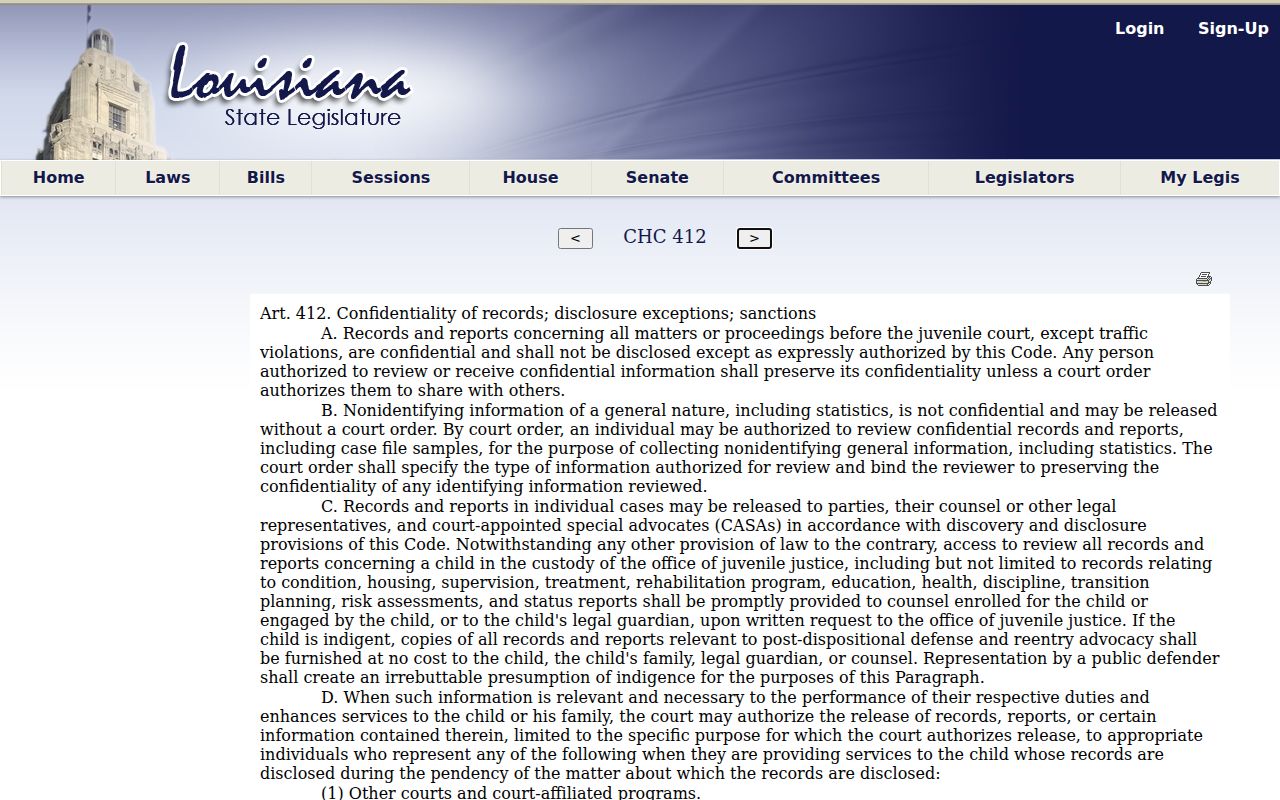 Louisiana juvenile record confidentiality page relevant to restricted Webster Parish warrant records