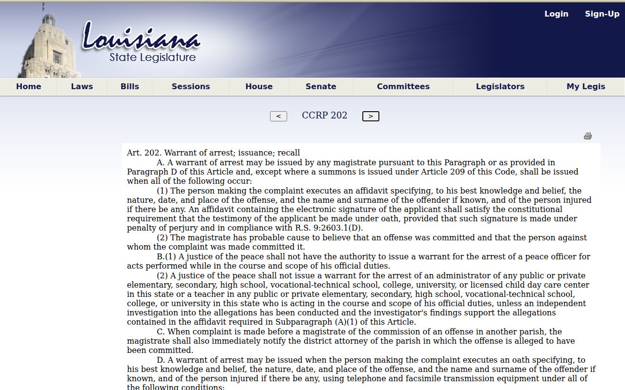Louisiana probable cause arrest warrant statute used for Webster Parish arrest warrant records