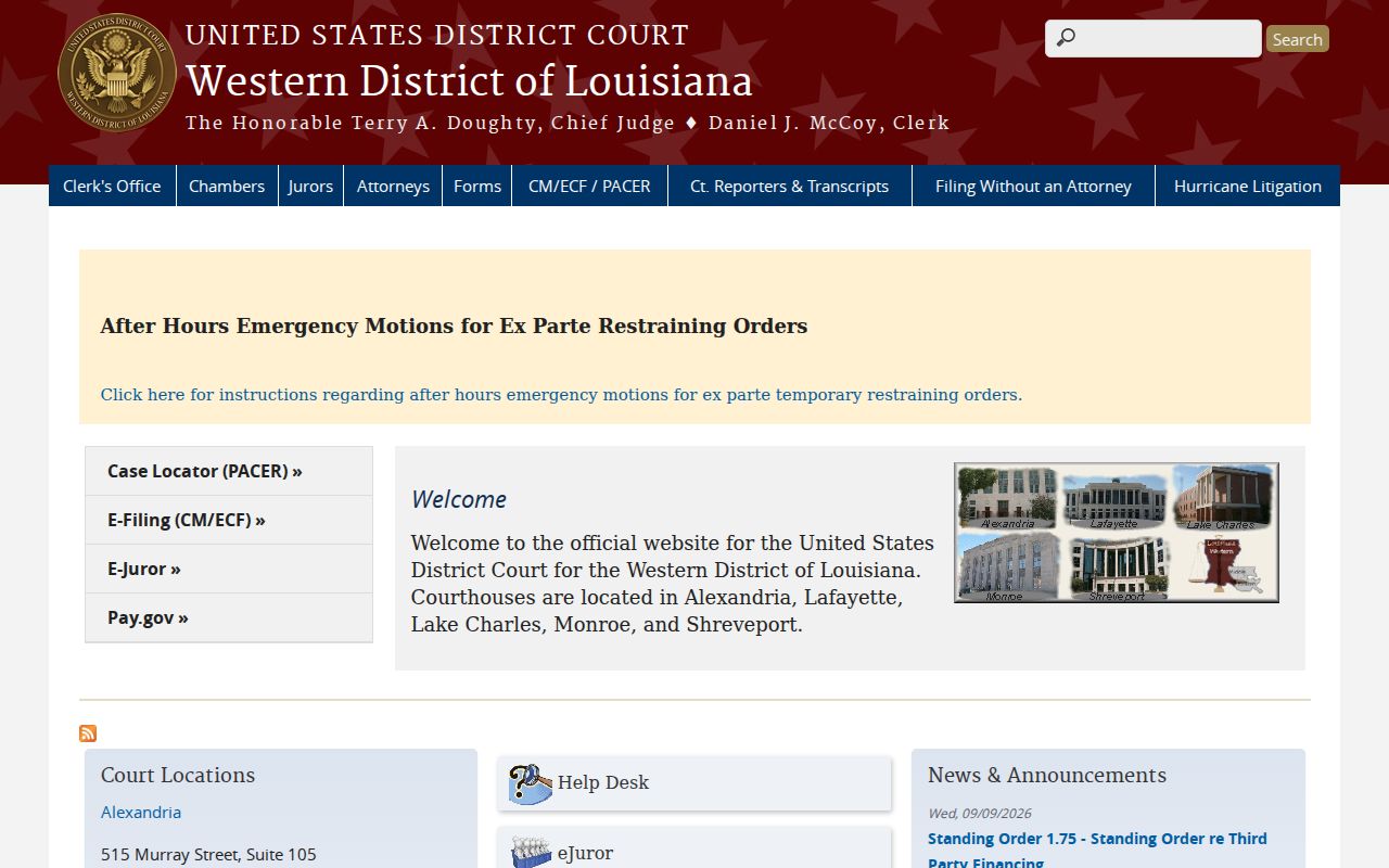 Western District of Louisiana federal court locations for federal arrest warrant records